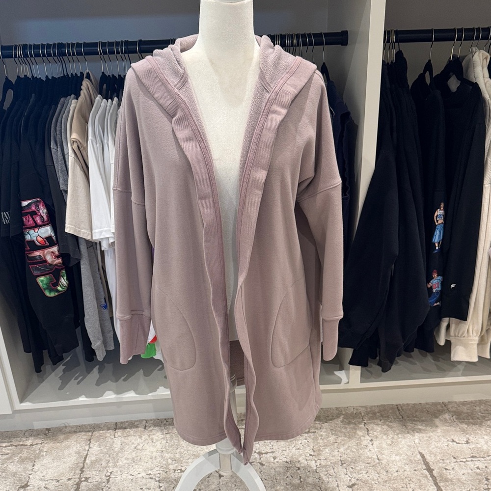 Mono B Long Hooded Open Cardigan in Dusty Mauve